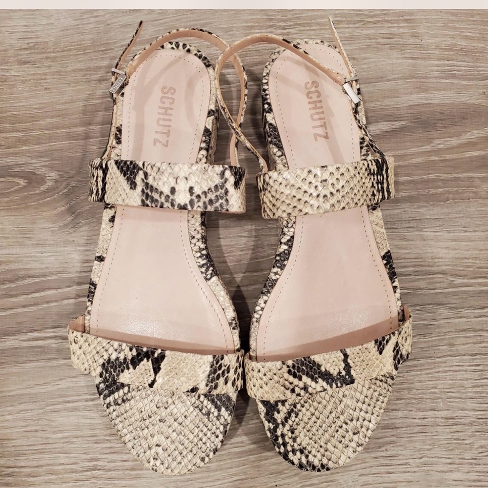 SCHUTZ Women's Black and Cream Snake Print Sandals